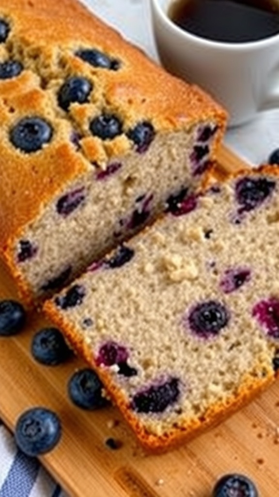 Sliced blueberry banana bread on a wooden board with blueberries scattered around.